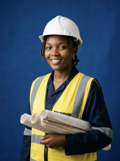 Engineering student in a hard hat holding blueprints
