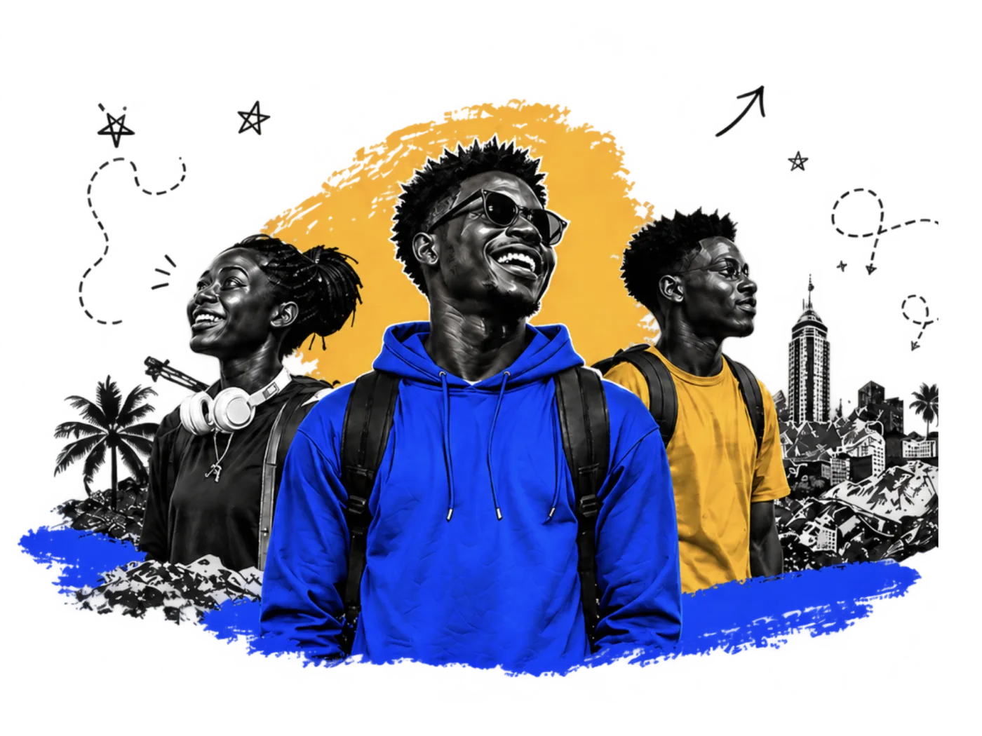 Three Tanzanian students looking ahead, in blue and yellow